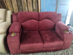 Maroon Suede 2 Seater Sofa with Built In Cup Holders